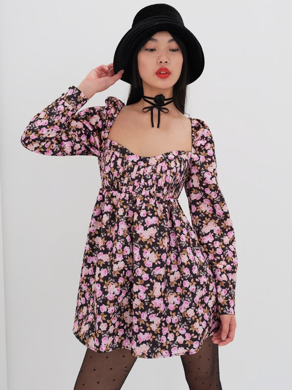 🌸For Love & Lemons Kate Rose Floral Long Sleeve Sweetheart Mini Dress - XS - NWT